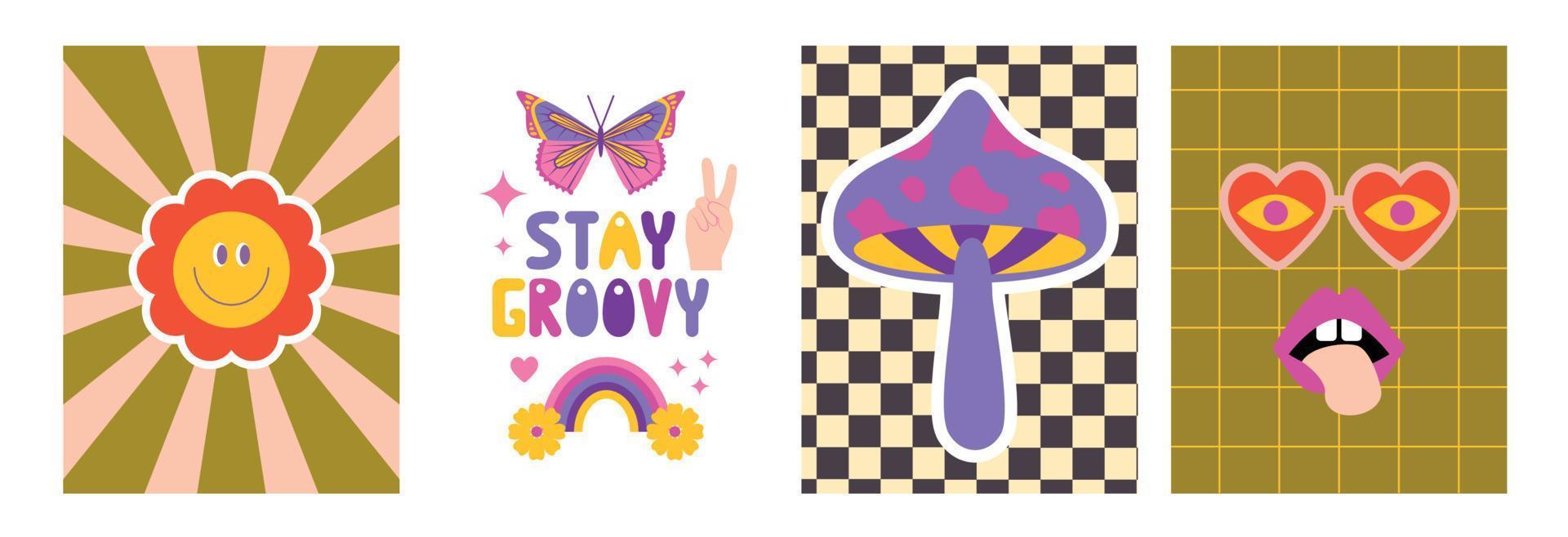 Set of Retro 70s Groovy Hippie posters. Retro vibes. Stay groovy. Groovy daisy flowers, rainbows, mushrooms, hippie bus, butterfly, sunglasses. Wall art prints. vector