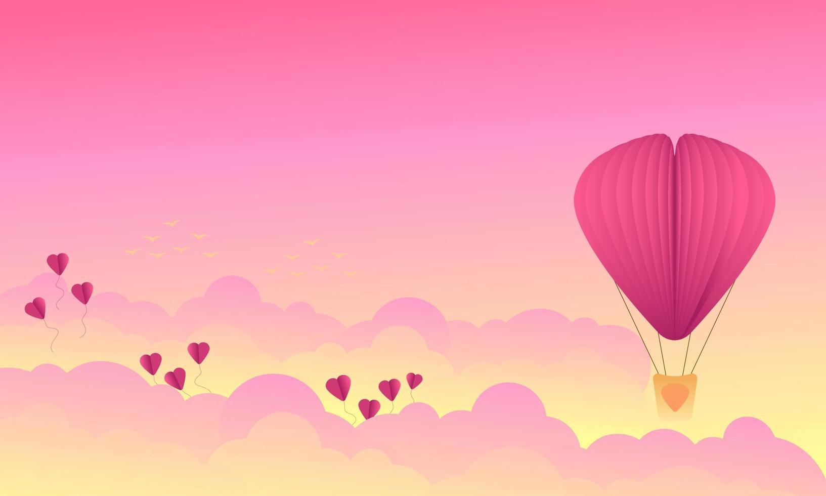 Illustration of beautifull cloudy sunset above the sky with hearts balloon for valentine day vector