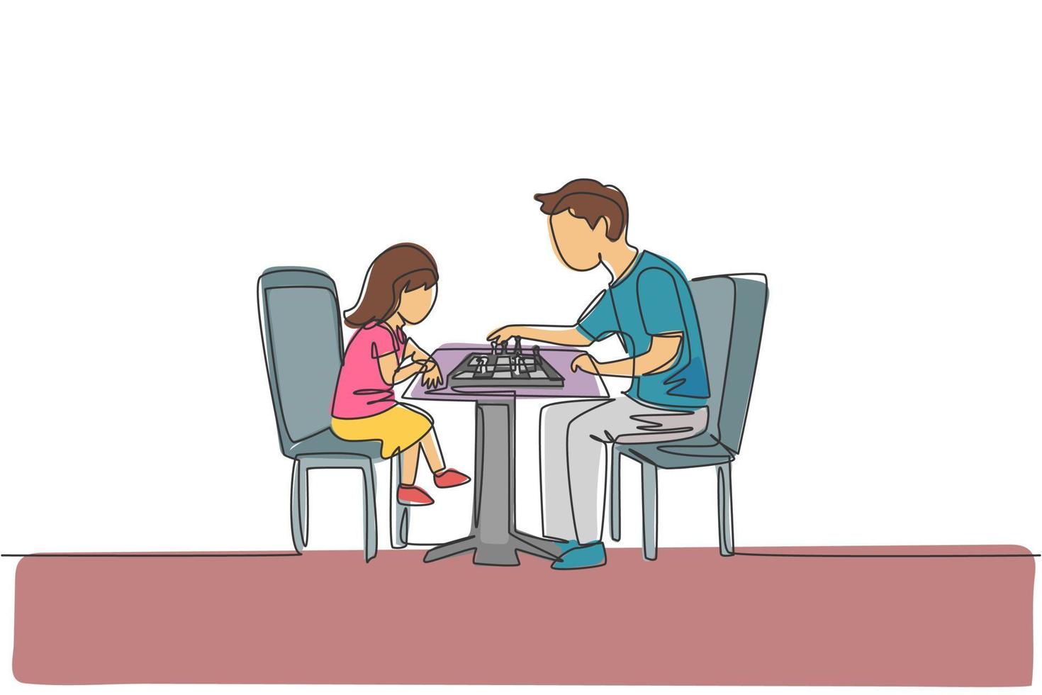 Un solo dibujo de línea continua de un padre joven sentado en una silla piensa seriamente jugando al ajedrez contra su hija en casa. concepto de paternidad familiar feliz. Ilustración de vector de diseño de dibujo de una línea