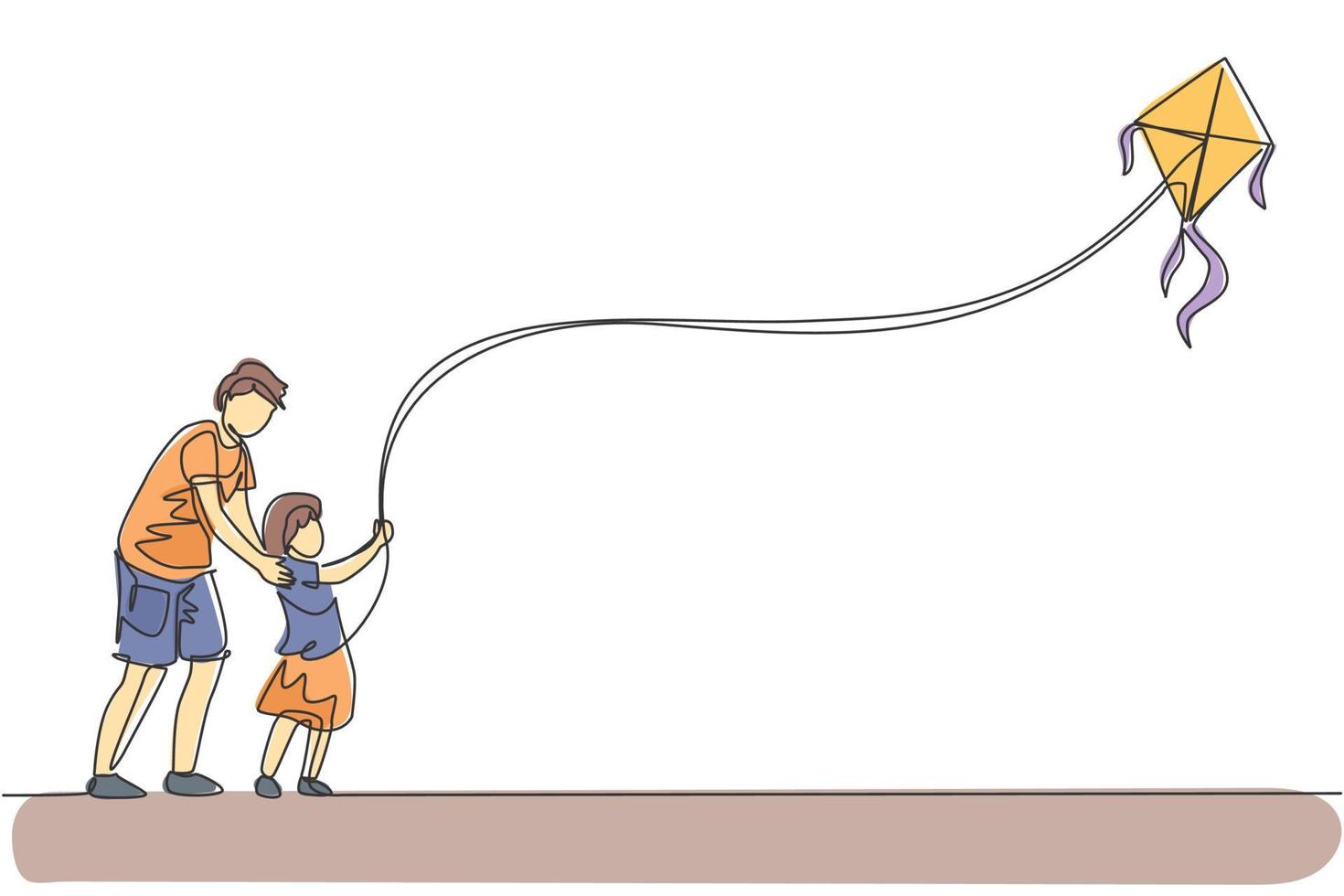 One single line drawing of young dad and his daughter playing to fly kite up into the sky at outdoor field vector illustration. Happy family bonding concept. Modern continuous line graphic draw design