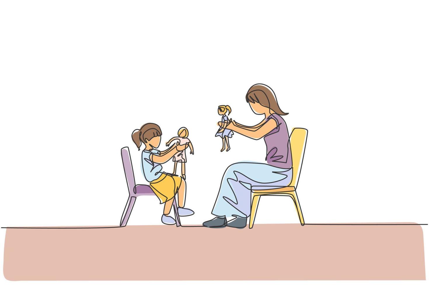 un dibujo de una sola línea de la joven madre y su hija sentadas en una silla y jugando a la muñeca princesa juntas en la ilustración de vector de casa. concepto de vinculación familiar feliz. diseño moderno de dibujo de línea continua