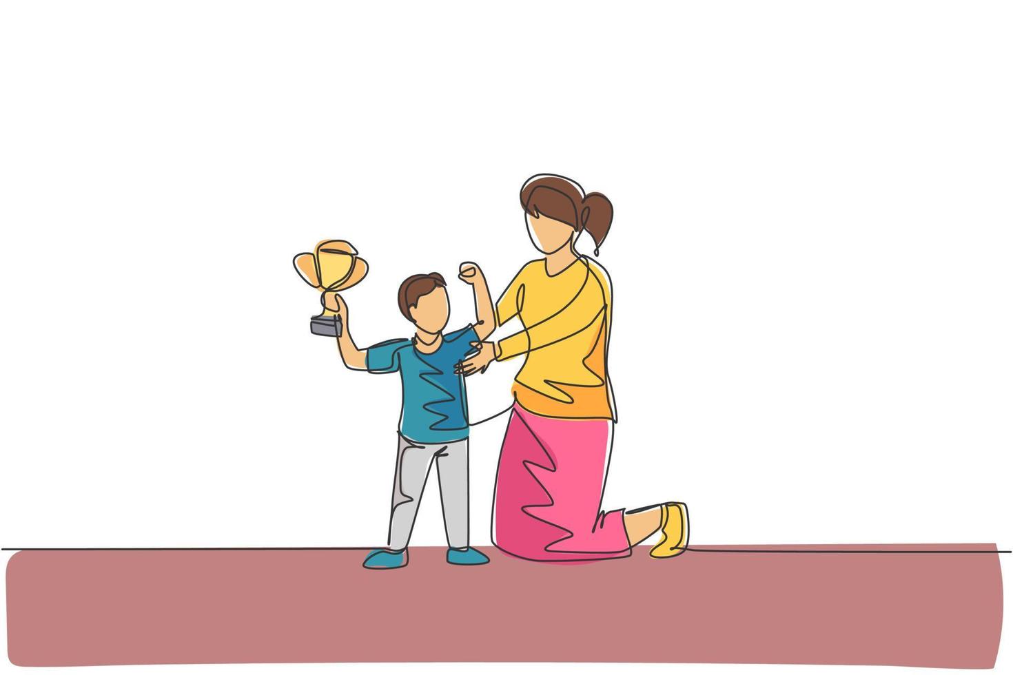 Single continuous line drawing of young mother congratulate her son who win first place trophy at study competition. Happy family parenthood concept. Trendy one line draw design vector illustration