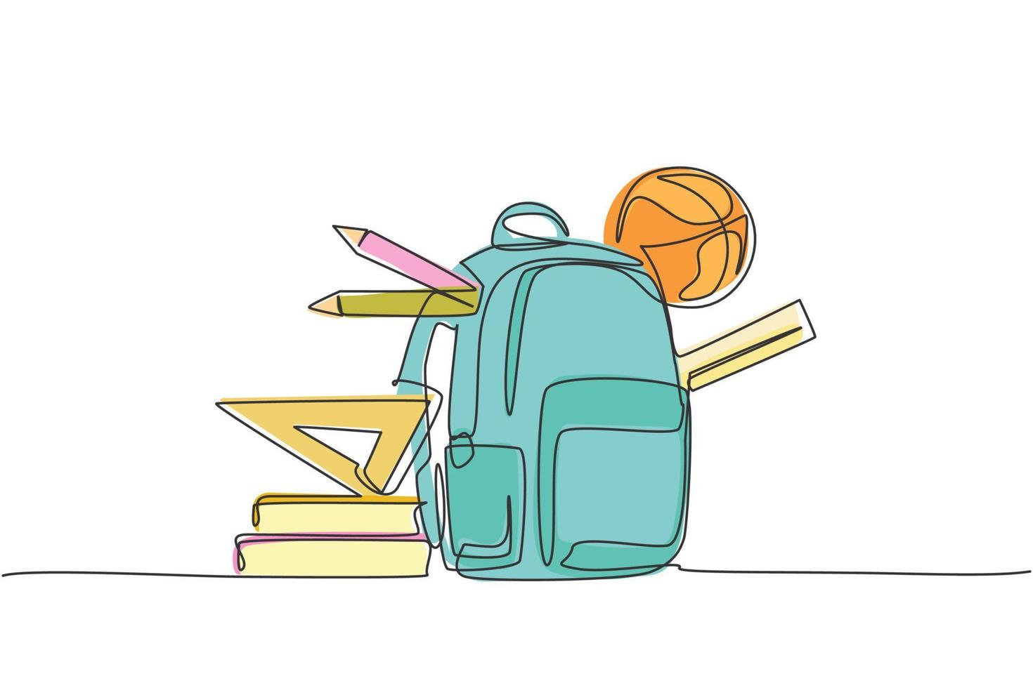 Single one line drawing of school bag, basket ball, ruler, pencil and pen set. Back to school minimalist, education concept. Continuous simple line draw style design graphic vector illustration