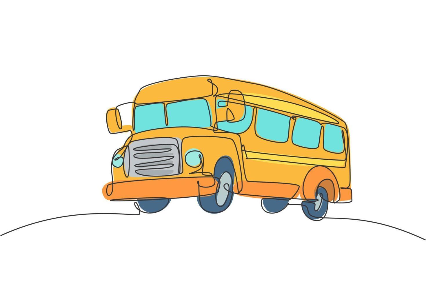 dibujo de una sola línea del antiguo autobús escolar clásico para estudiantes de primaria. regreso a la escuela, concepto de educación minimalista. Ilustración de vector gráfico de diseño de estilo de dibujo de línea simple continua