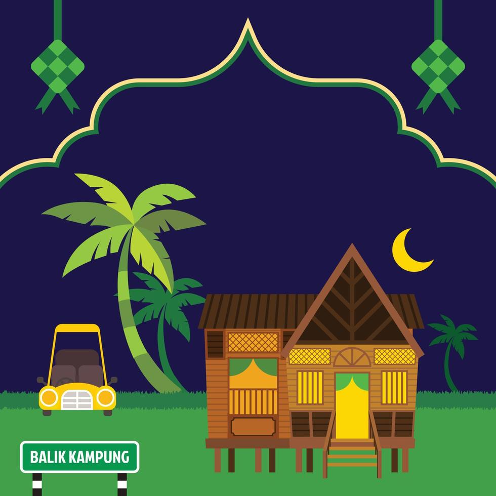 Traditional malay village house with coconut tree and islamic decorative elements for Eid mubarak raya ramadan festival greeting vector