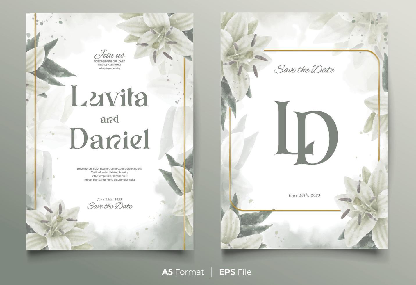 watercolor wedding invitation template with white and green flower ornament vector