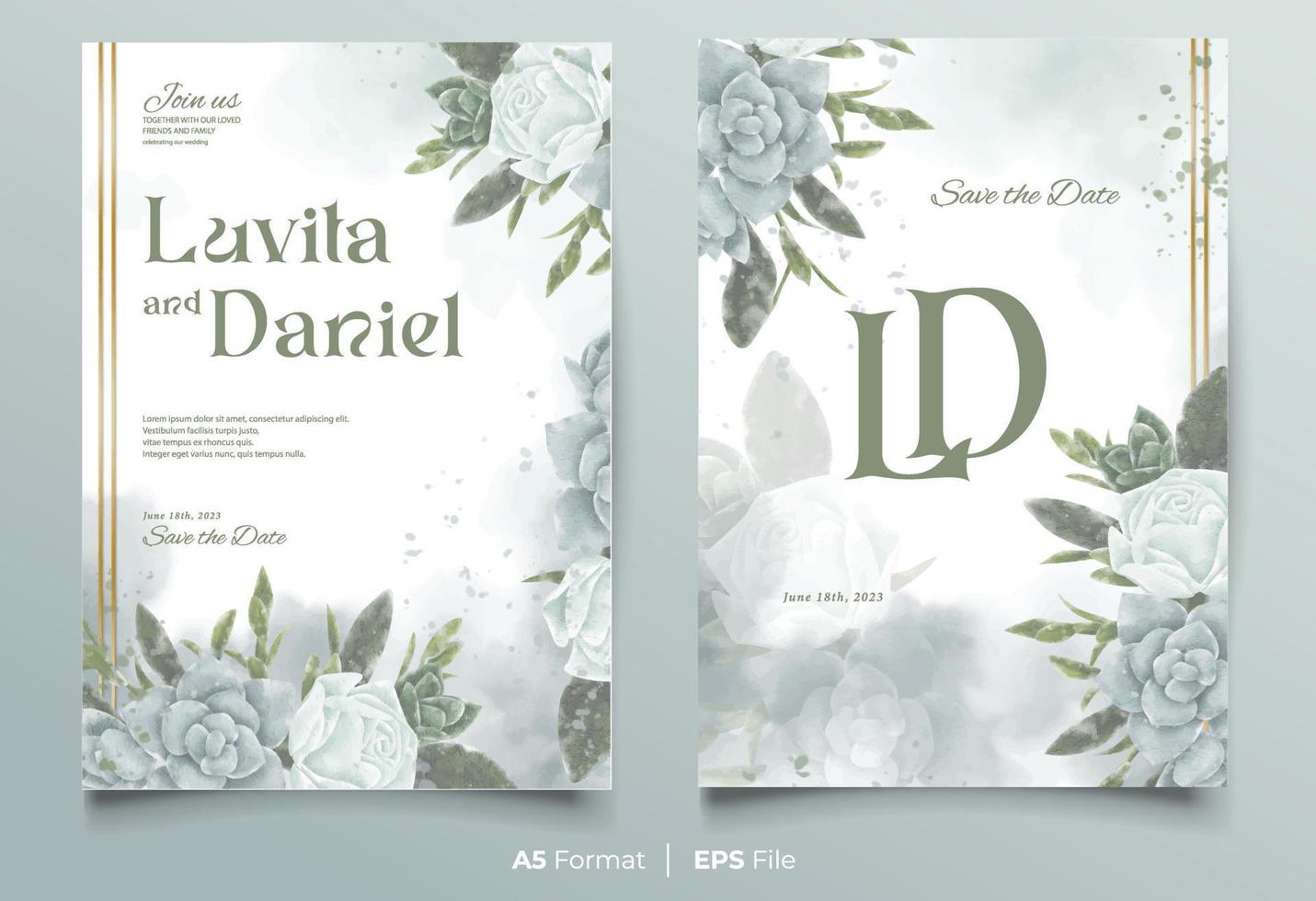 watercolor wedding invitation template with white and green flower ornament vector