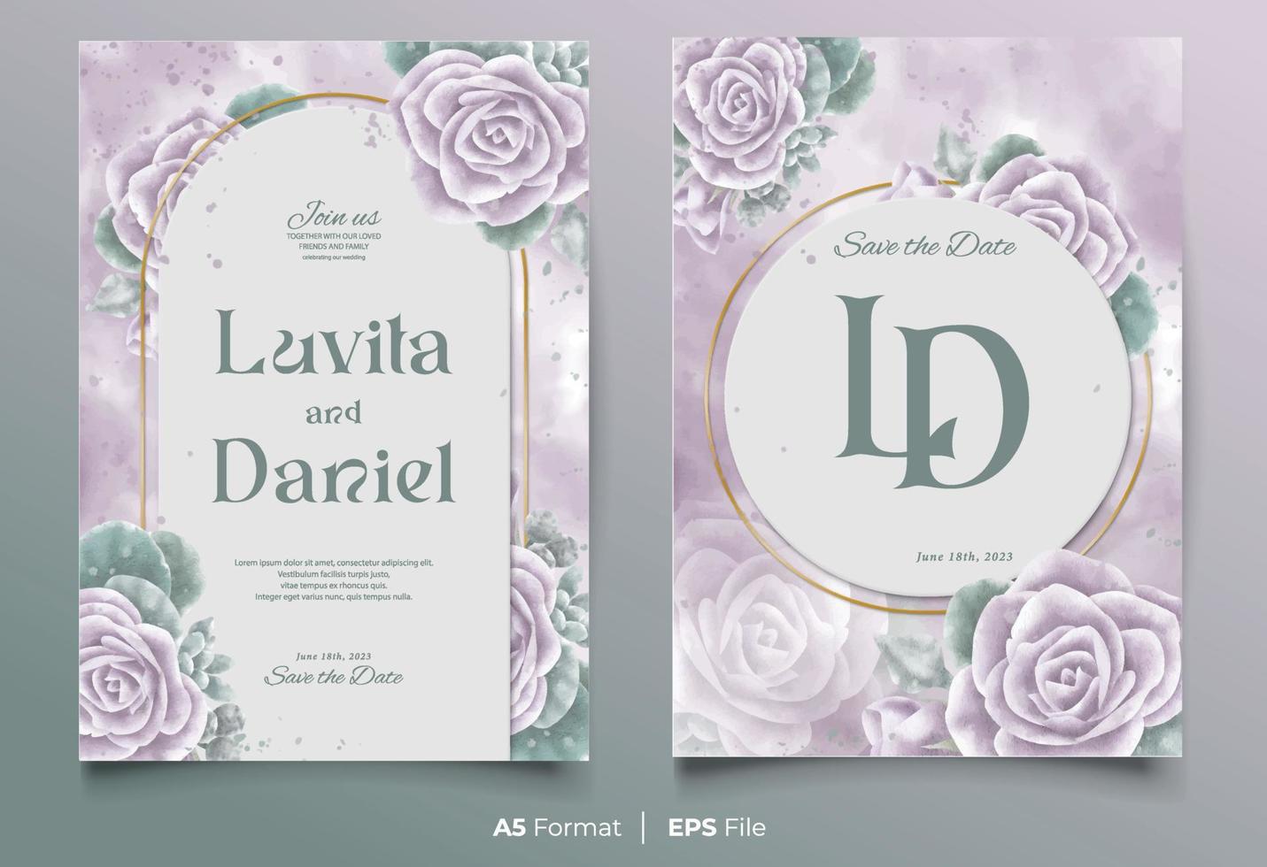 plantilla de invitación de boda en acuarela con adorno de flores moradas y verdes vector