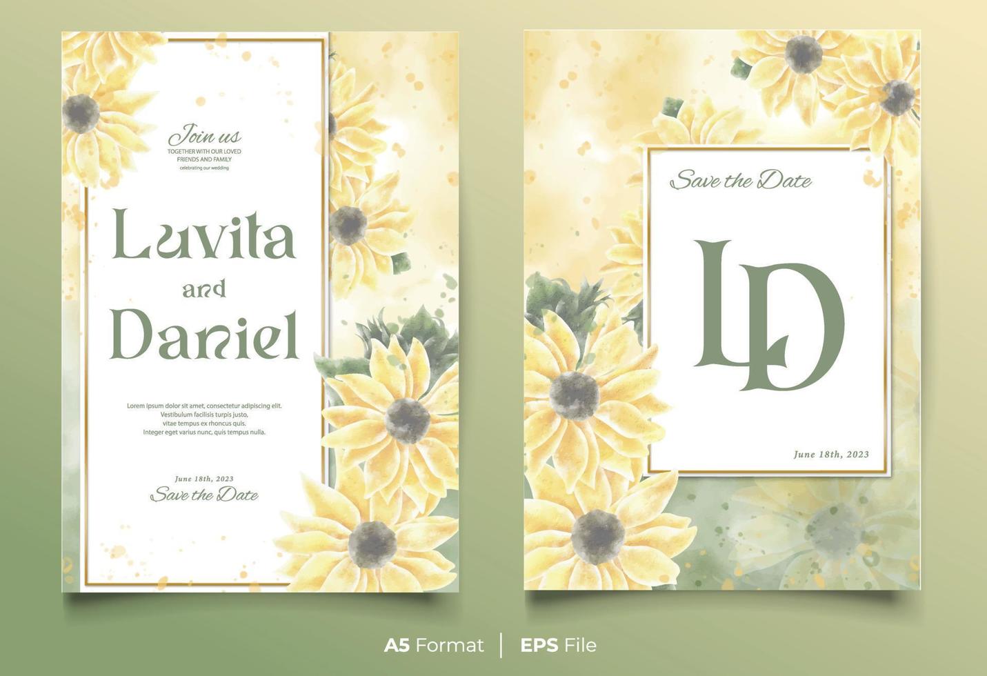 watercolor wedding invitation template with yellow and green flower ornament vector