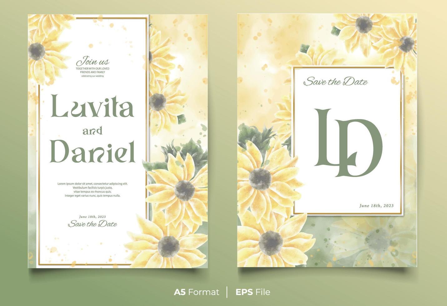 plantilla de invitación de boda de acuarela con adorno de flores amarillas y verdes vector