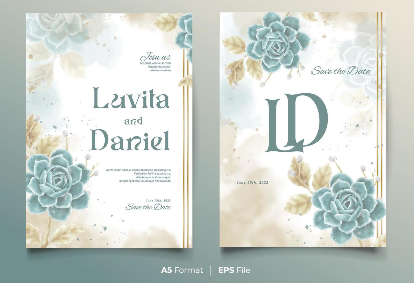 watercolor wedding invitation template with blue and orange flower ornament vector