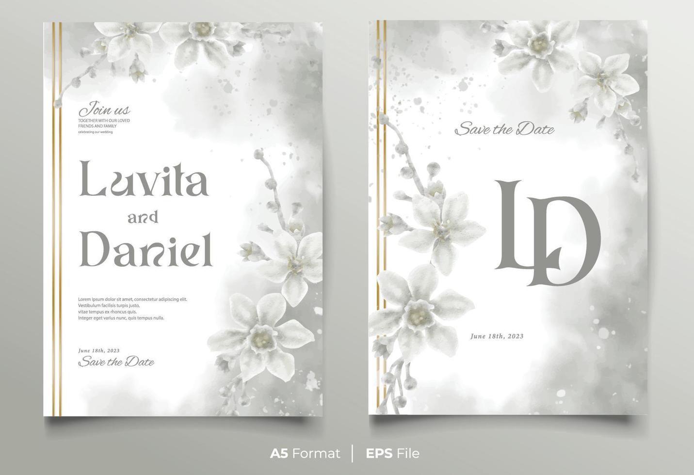 watercolor wedding invitation template with white flower ornament vector