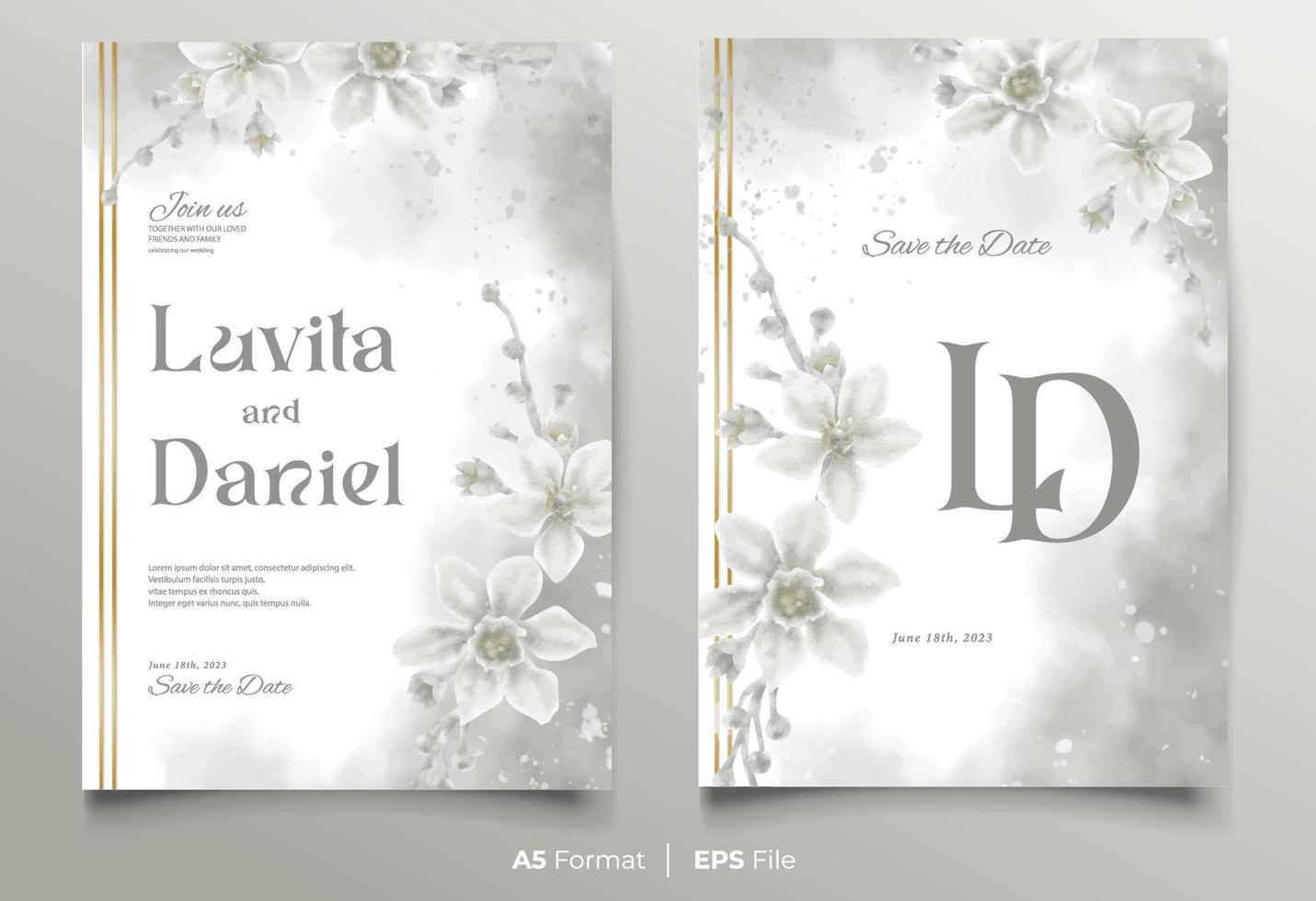 plantilla de invitación de boda de acuarela con adorno de flor blanca vector