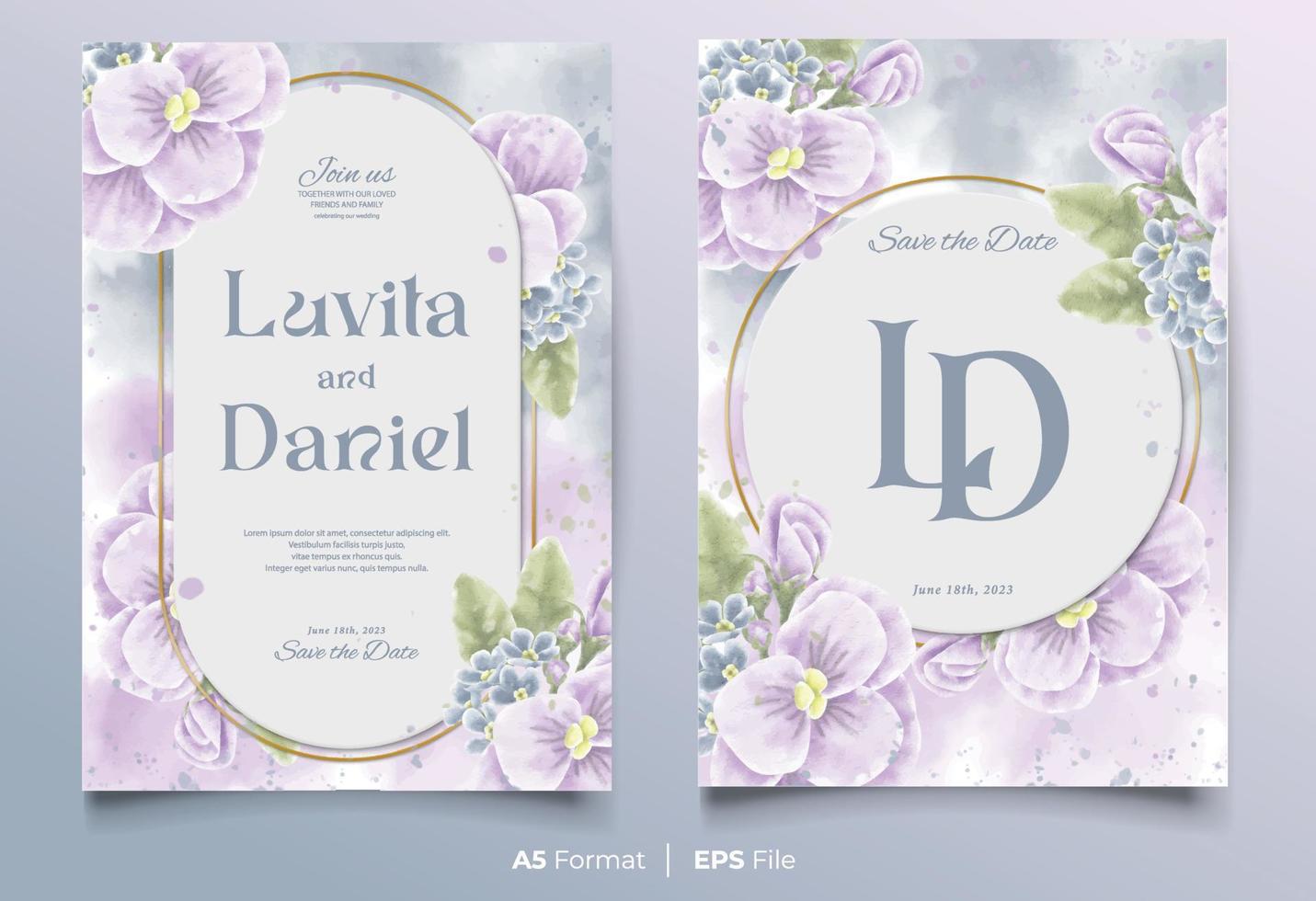 plantilla de invitación de boda en acuarela con adorno de flores moradas y azules vector