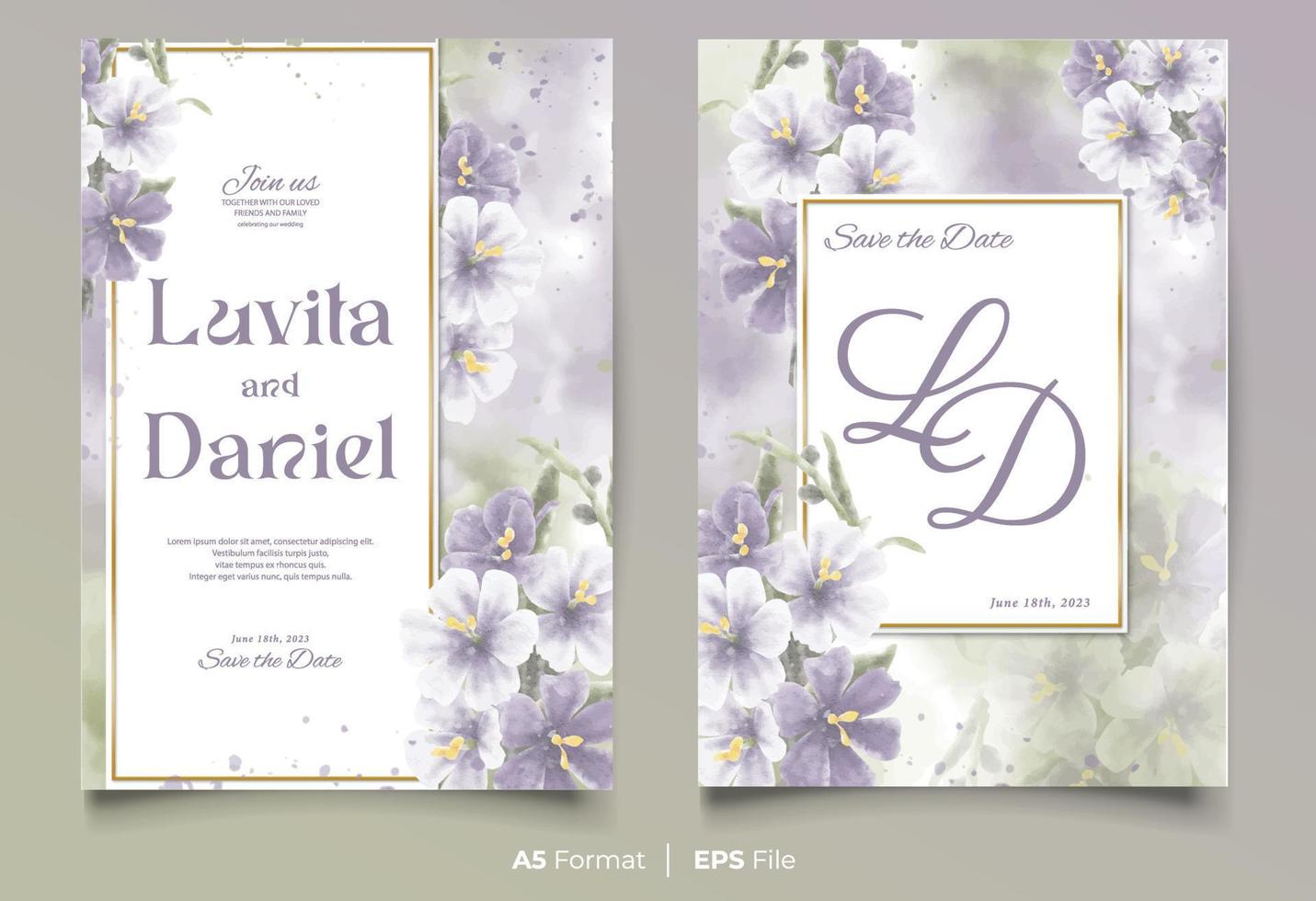 watercolor wedding invitation template with purple and white flower ornament vector