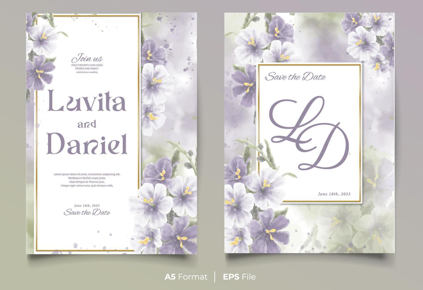 acuarela Boda invitación modelo con púrpura y blanco flor ornamento vector