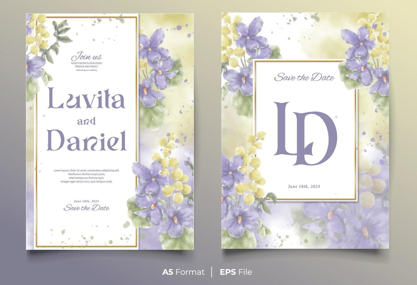 plantilla de invitación de boda en acuarela con adorno de flores moradas y amarillas vector