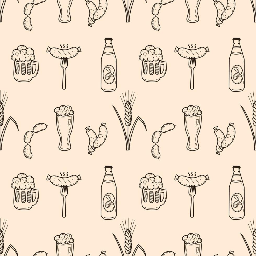National Beer Day in USA. Oktoberfest. Seamless pattern for pub. Vector doodle illustration with alcohol and fried sausage. Menu design. Pattern. Printing on package.