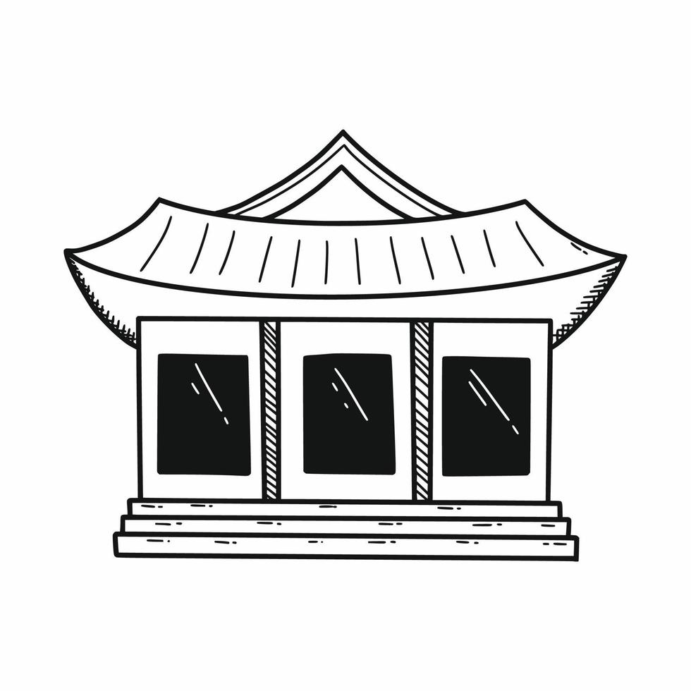 Hanok. Traditional Korean house. East Asian culture. Vector doodle illustration. Sketch. Architecture of city.