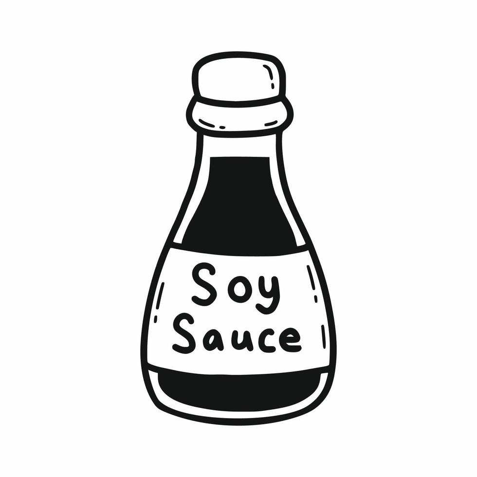 Bottle of soy sauce. Seasoning for  dish. Vector doodle illustration. Food products.