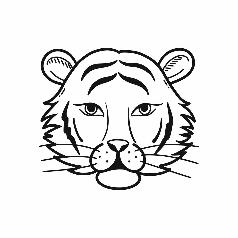 Muzzle of tiger. Traditional Korean animal. Black tattoo. Vector doodle illustration. Hand drawn sticker. Sketch.