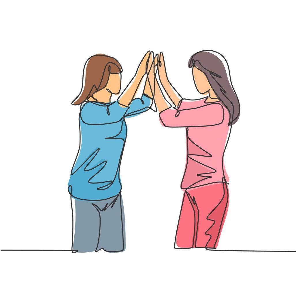 Single line drawing of two best friends girls reunite and giving high five gesture when meeting at the street. Friendship concept continuous line draw design graphic vector illustration