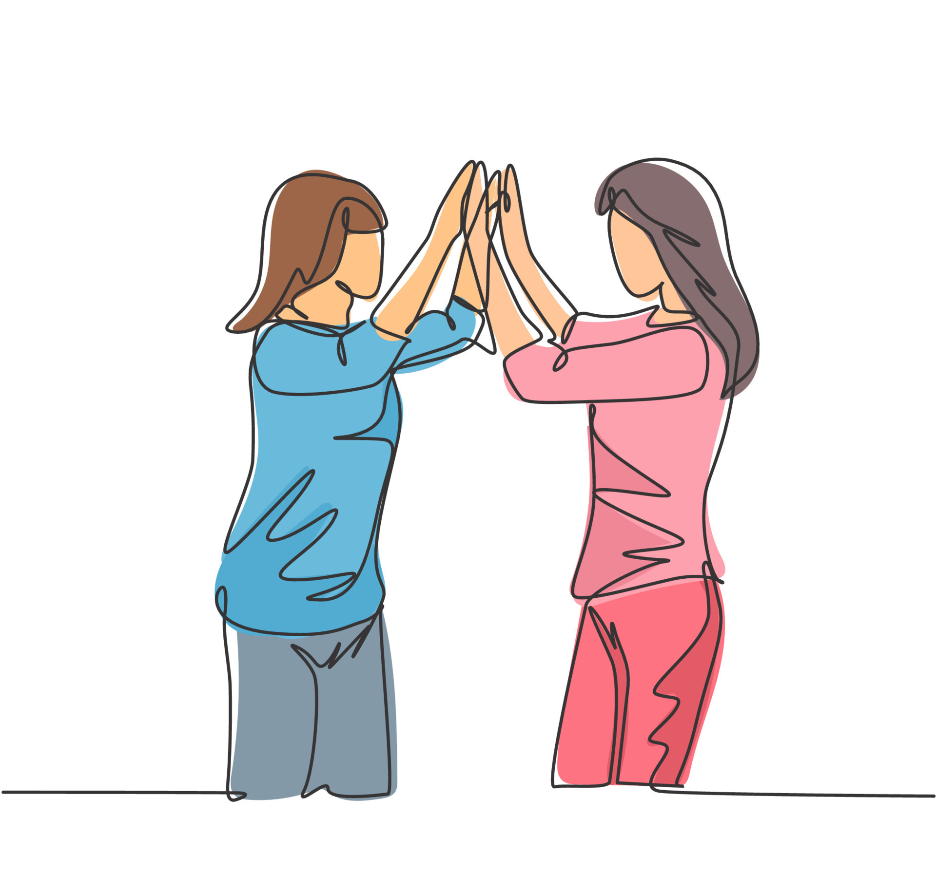 Single line drawing of two best friends girls reunite and giving high five gesture when meeting