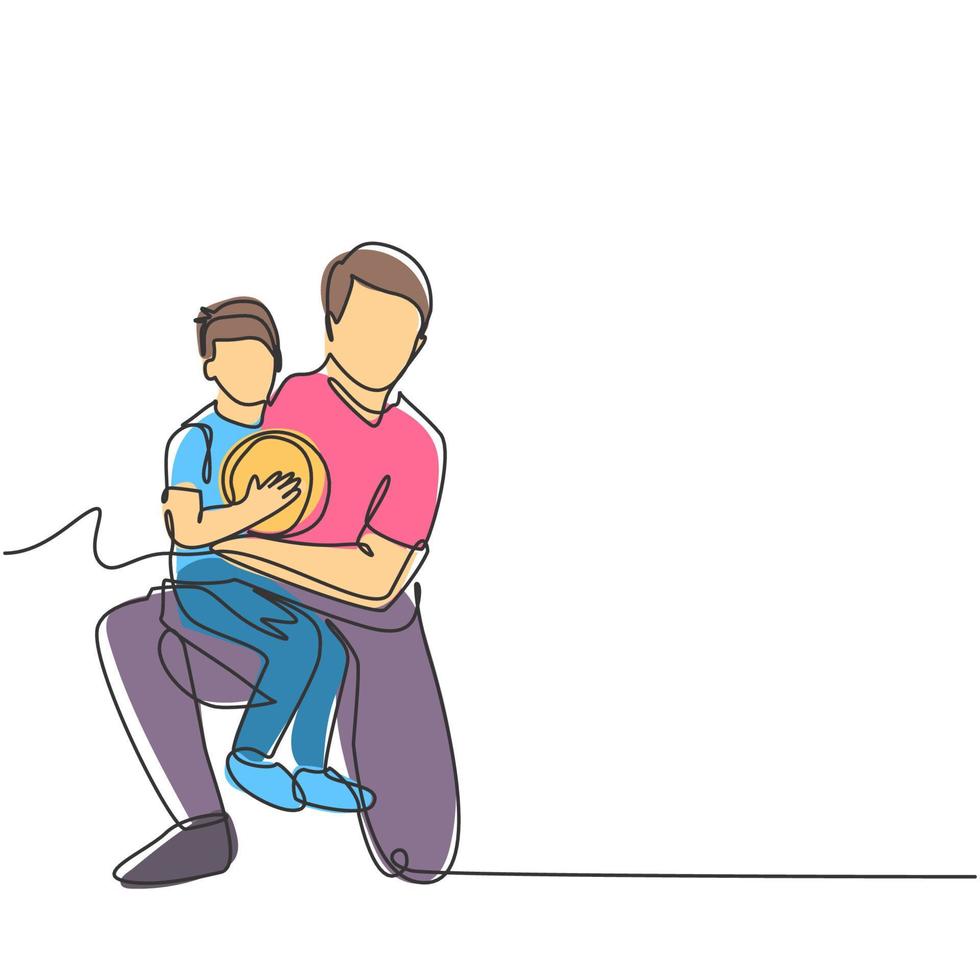 Single line drawing of young happy father hugging her child that carried a basket ball on basketball court. Parenting family concept. Modern continuous line draw design vector graphic illustration