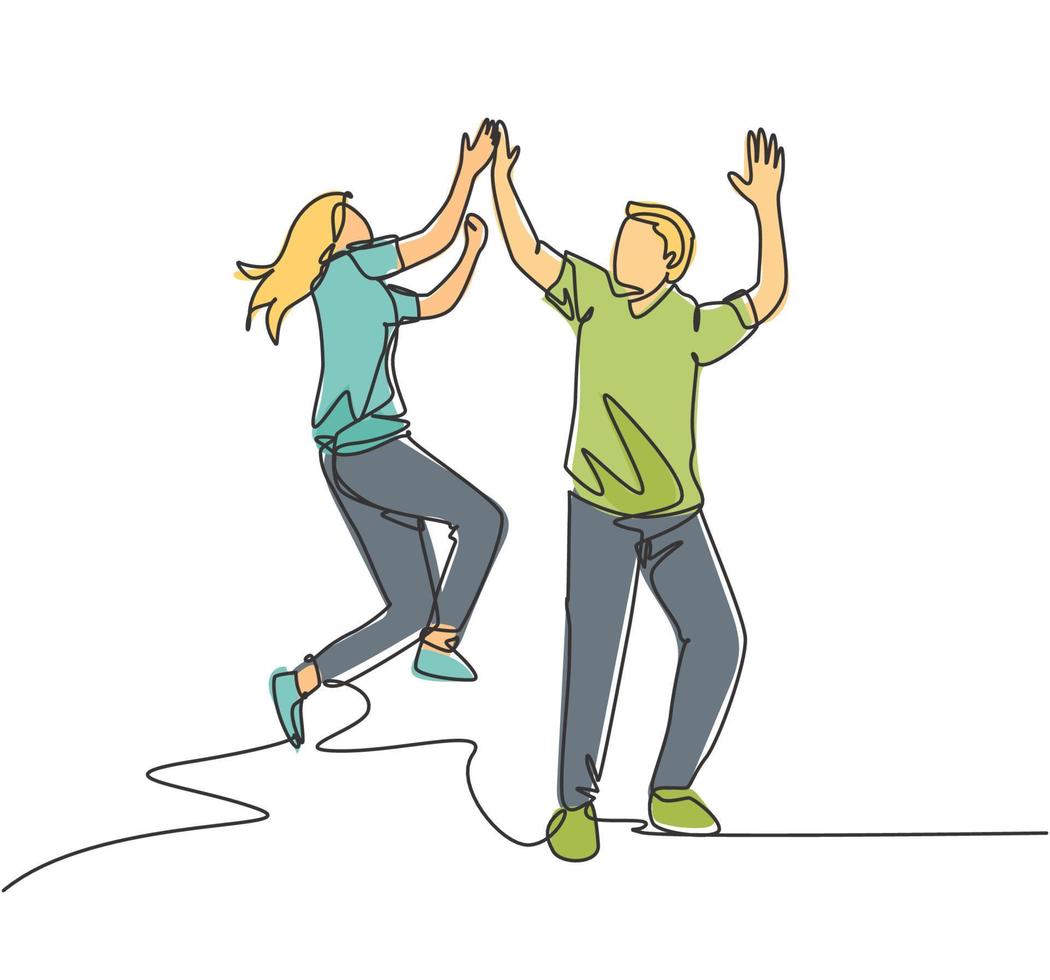 Single line drawing of young happy couple male and female so happy and jumping give high five gesture together. Business teamwork concept. Continuous line draw design graphic vector illustration