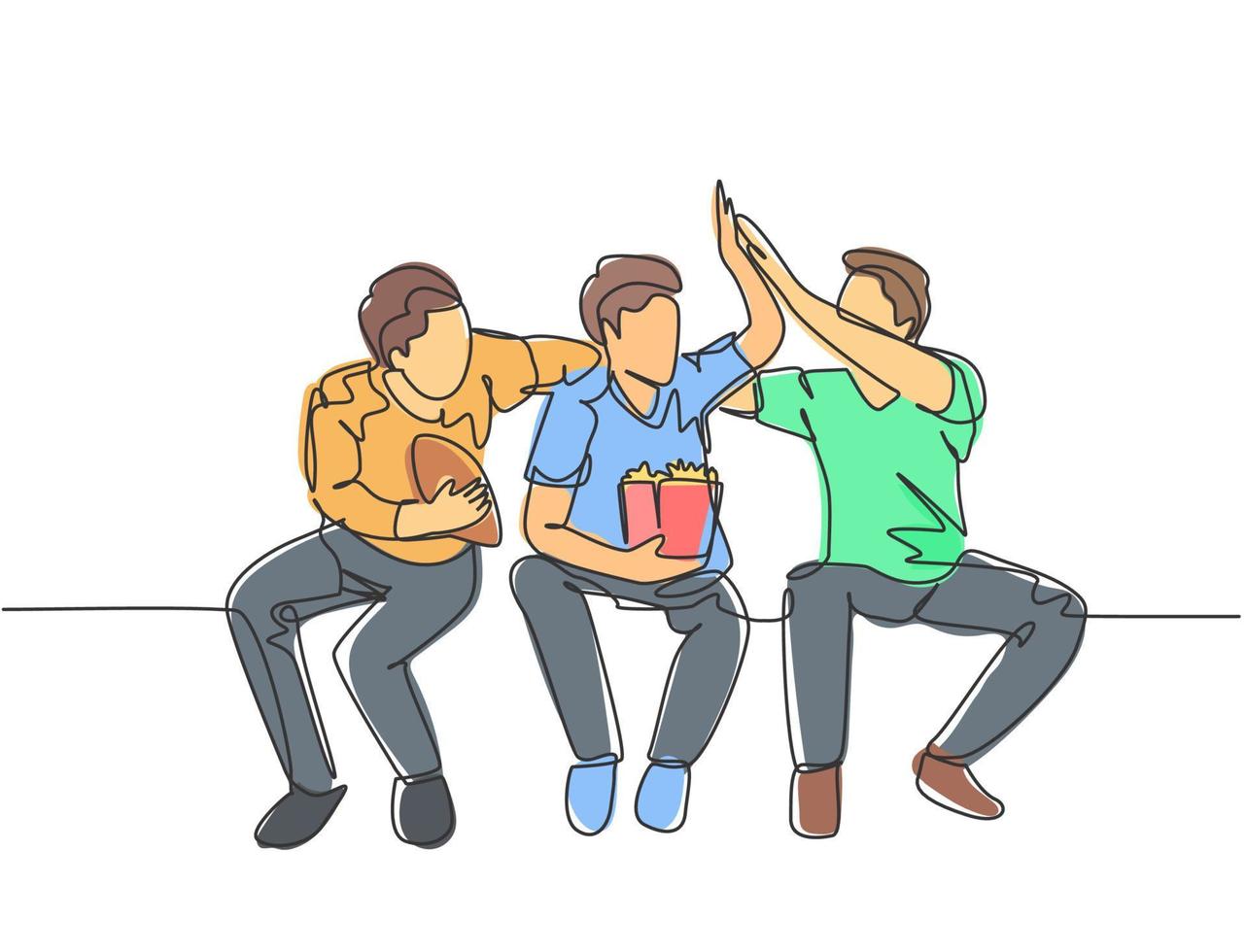 One single line drawing of young happy fans siting on sofa and watching their favorite club playing the match on the television. Fans club concept continuous line draw design vector illustration