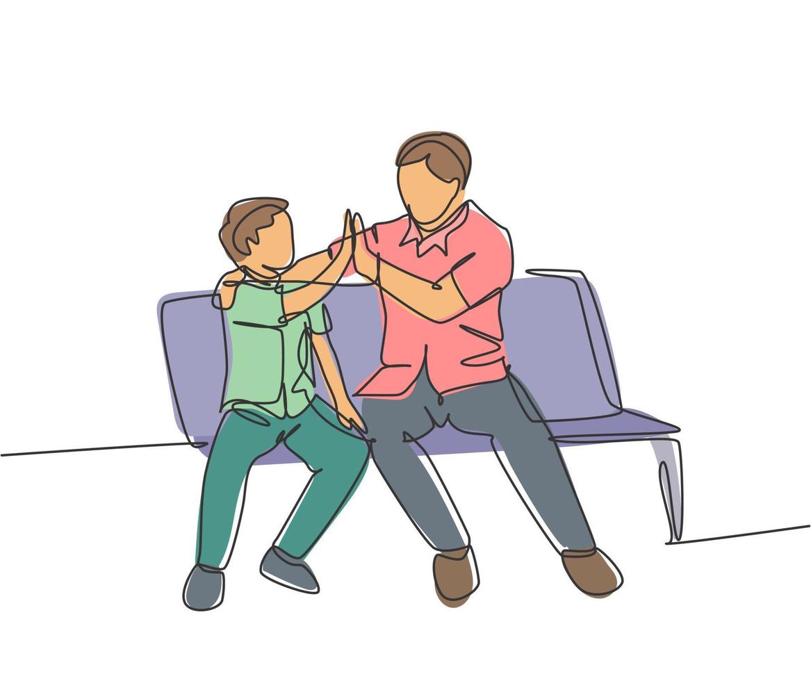 Single line drawing of young happy father sitting relax on wood bench next to his kid and giving high fives gesture. Parenting family concept. Continuous line draw design graphic vector illustration