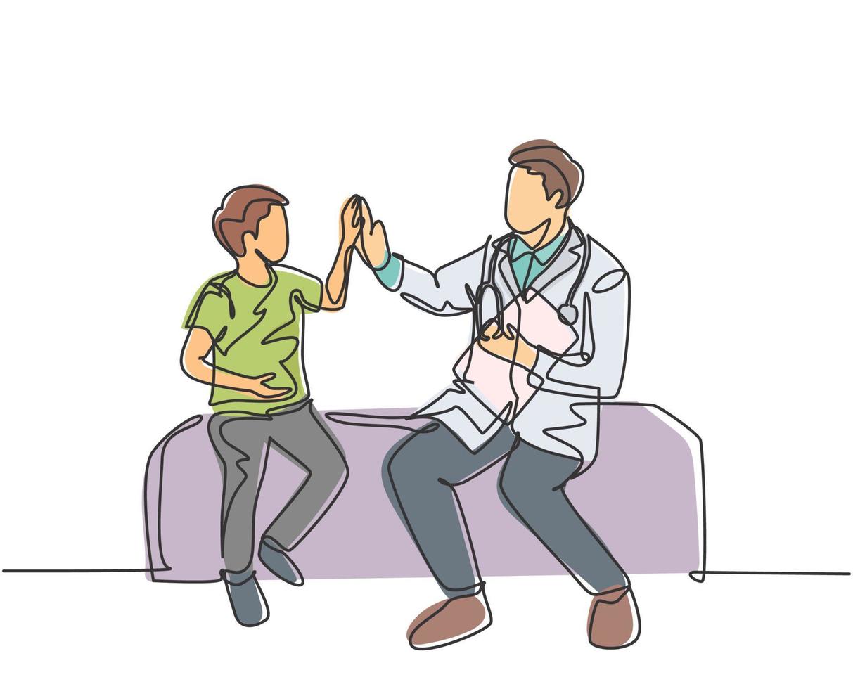 Single line drawing of young happy male doctor checking up sick patient boy and give high five gesture. Medical healthcare service treatment concept. Continuous line draw design vector illustration