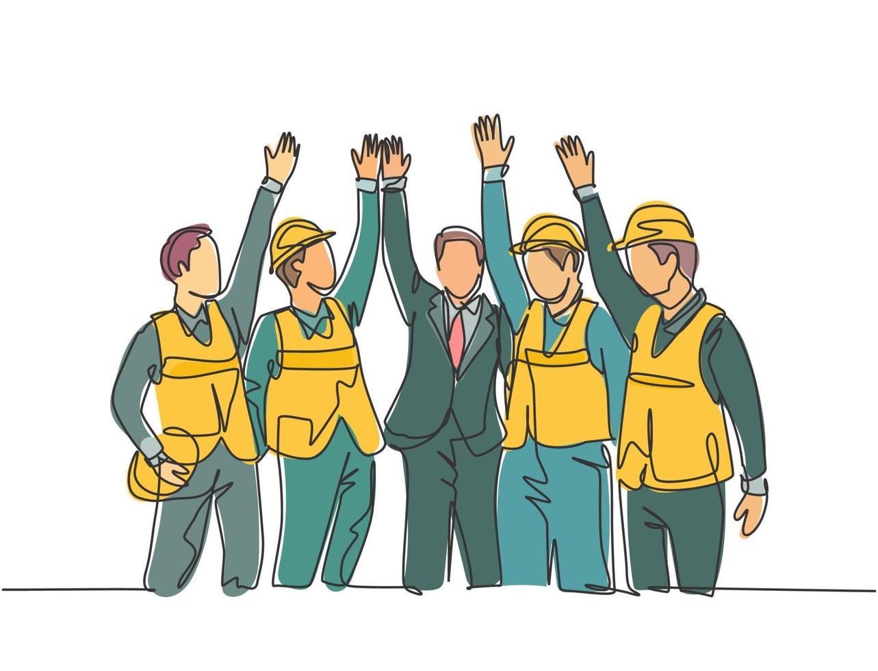 Single line drawing of construction workers and foreman with vest and helmet celebrate their successive build. Building construction concept. Continuous line draw graphic design vector illustration