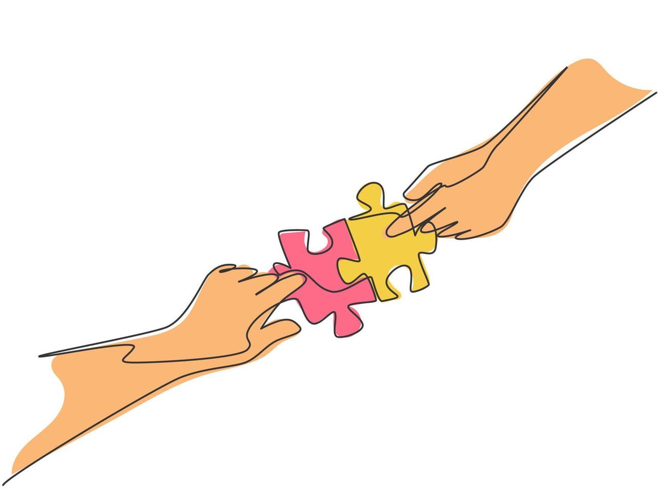 Single continuous line drawing of young happy man and woman put the puzzle pieces together to form cute heart shape. Romantic marriage love concept one line draw graphic design vector illustration
