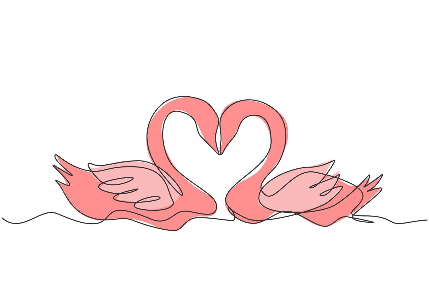 One continuous line drawing of cute swans couple swimming on the lake and their heads formed romantic heart shape. Romantic animal love concept single line graphic draw design vector illustration