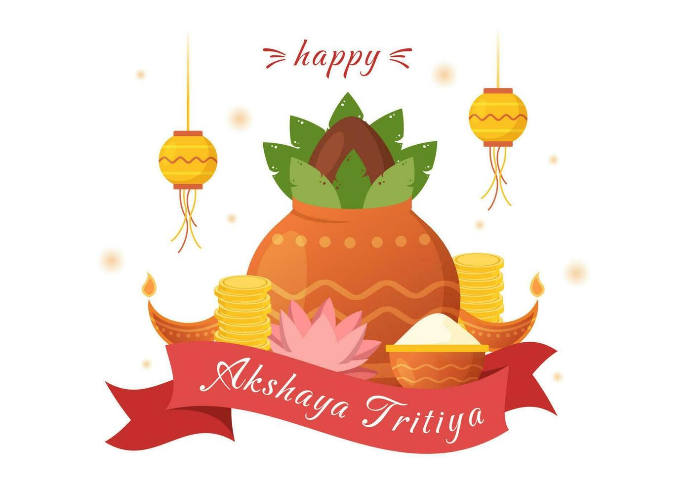 Akshaya Tritiya Festival Illustration with a Golden Kalash, Pot and Gold Coins for Dhanteras Celebration in Hand Drawn for Landing Page Templates vector