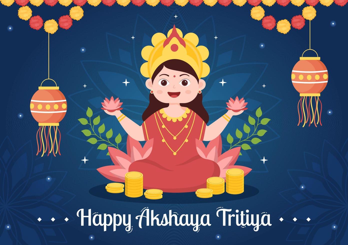 akshaya tritiya festival ilustración con un dorado kalash, maceta y oro monedas para Dhanteras celebracion en mano dibujado para aterrizaje página plantillas vector