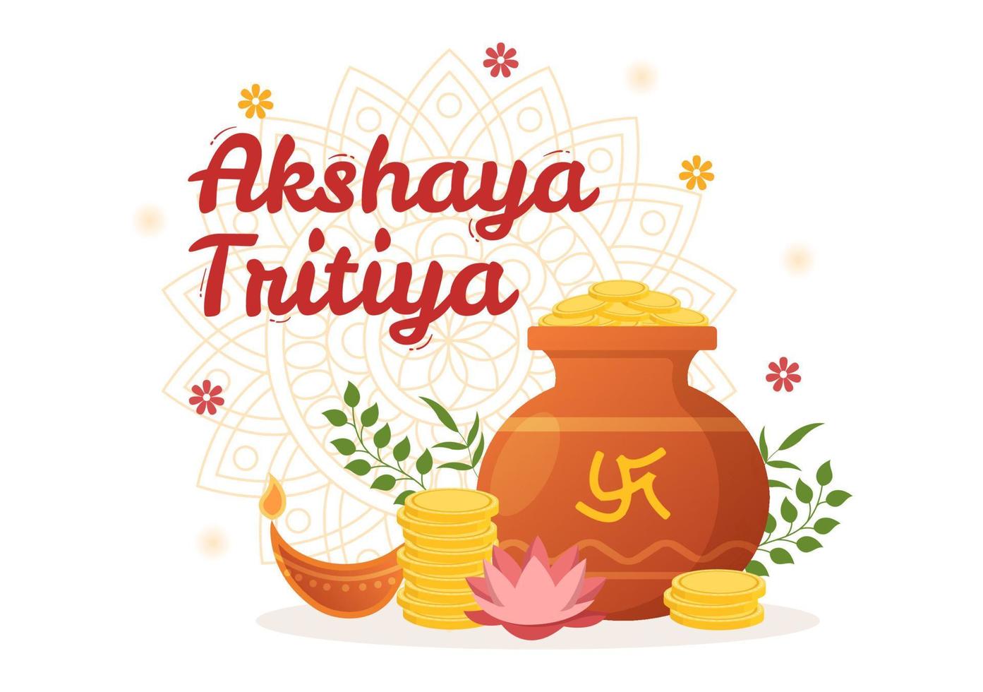 akshaya tritiya festival ilustración con un dorado kalash, maceta y oro monedas para Dhanteras celebracion en mano dibujado para aterrizaje página plantillas vector