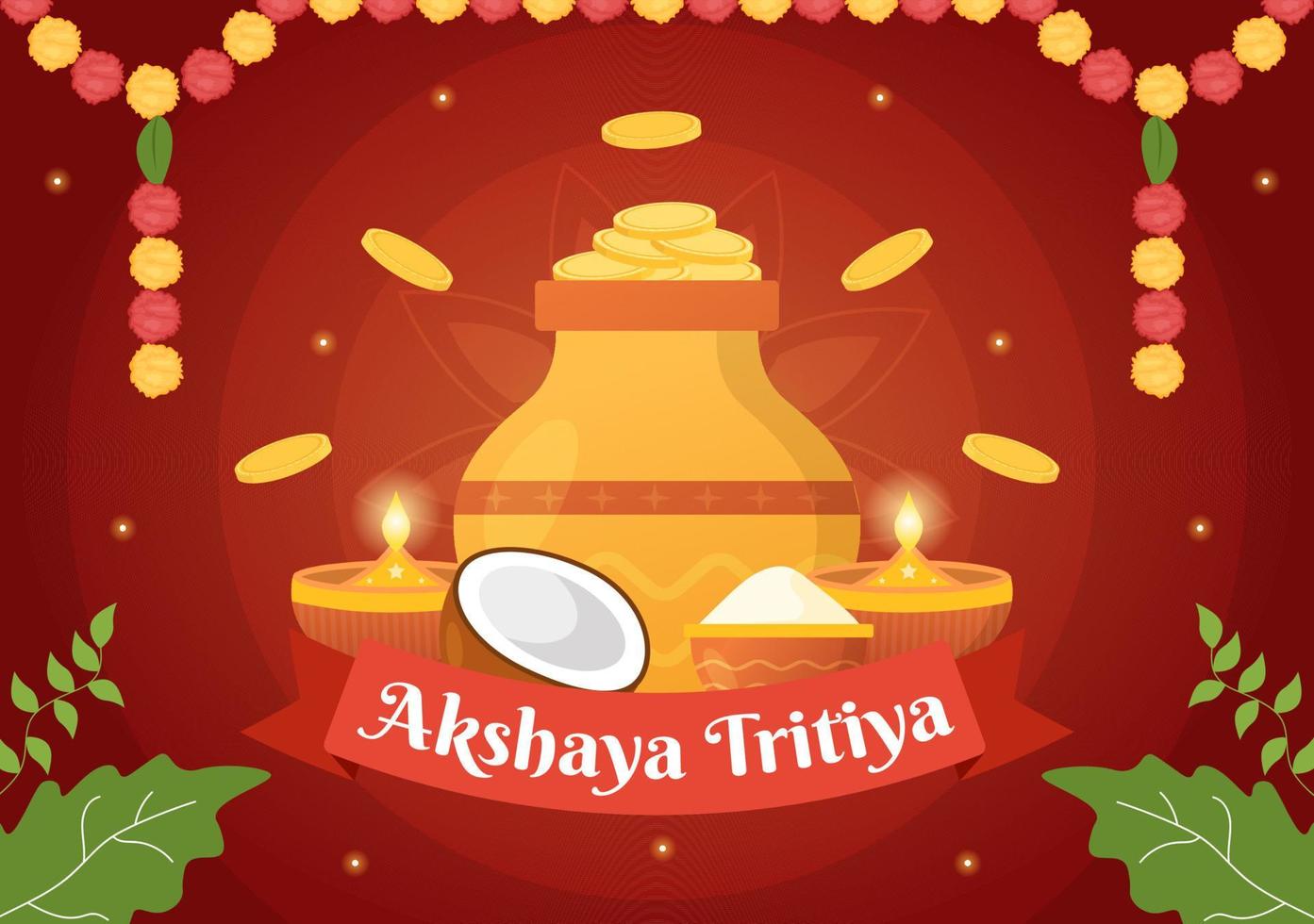 akshaya tritiya festival ilustración con un dorado kalash, maceta y oro monedas para Dhanteras celebracion en mano dibujado para aterrizaje página plantillas vector