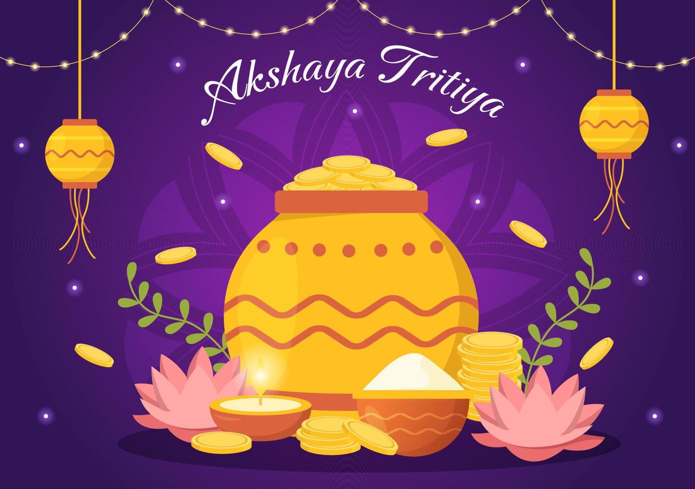 akshaya tritiya festival ilustración con un dorado kalash, maceta y oro monedas para Dhanteras celebracion en mano dibujado para aterrizaje página plantillas vector