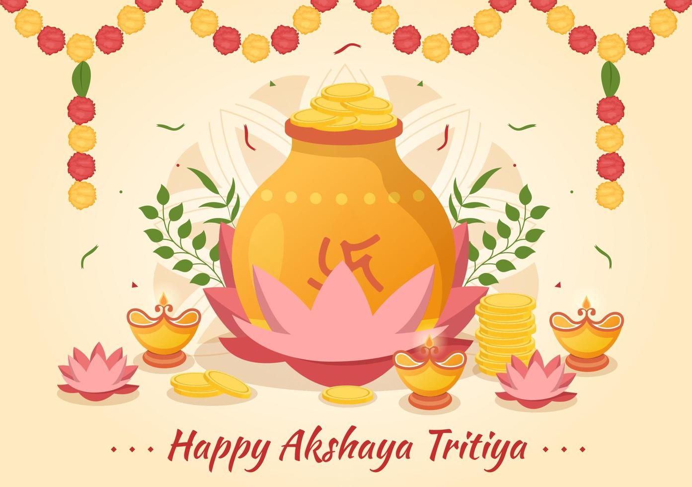 akshaya tritiya festival ilustración con un dorado kalash, maceta y oro monedas para Dhanteras celebracion en mano dibujado para aterrizaje página plantillas vector