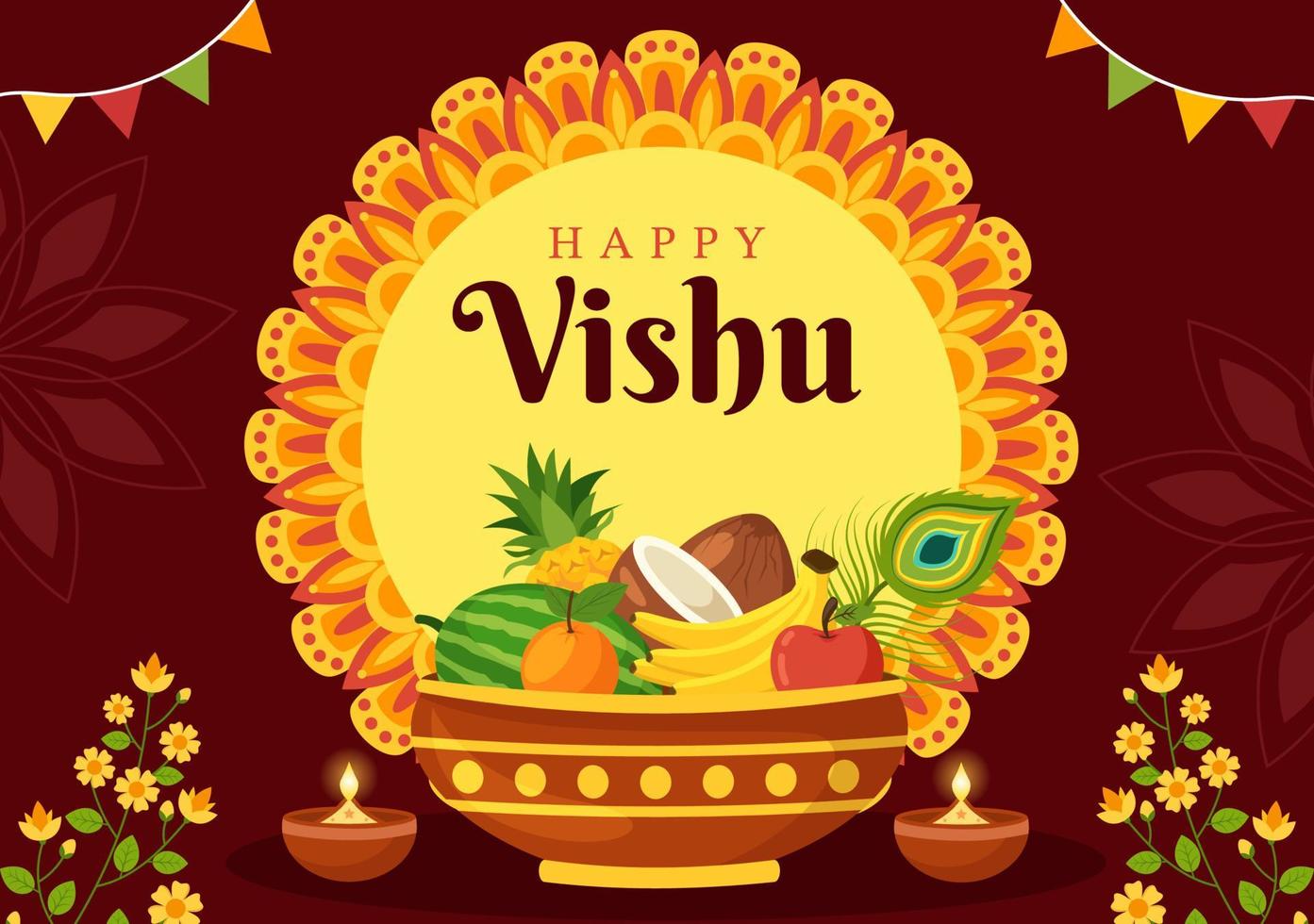 contento vishu festival ilustración con tradicional kerala kani, frutas y vegetales para aterrizaje página en plano dibujos animados mano dibujado plantillas vector