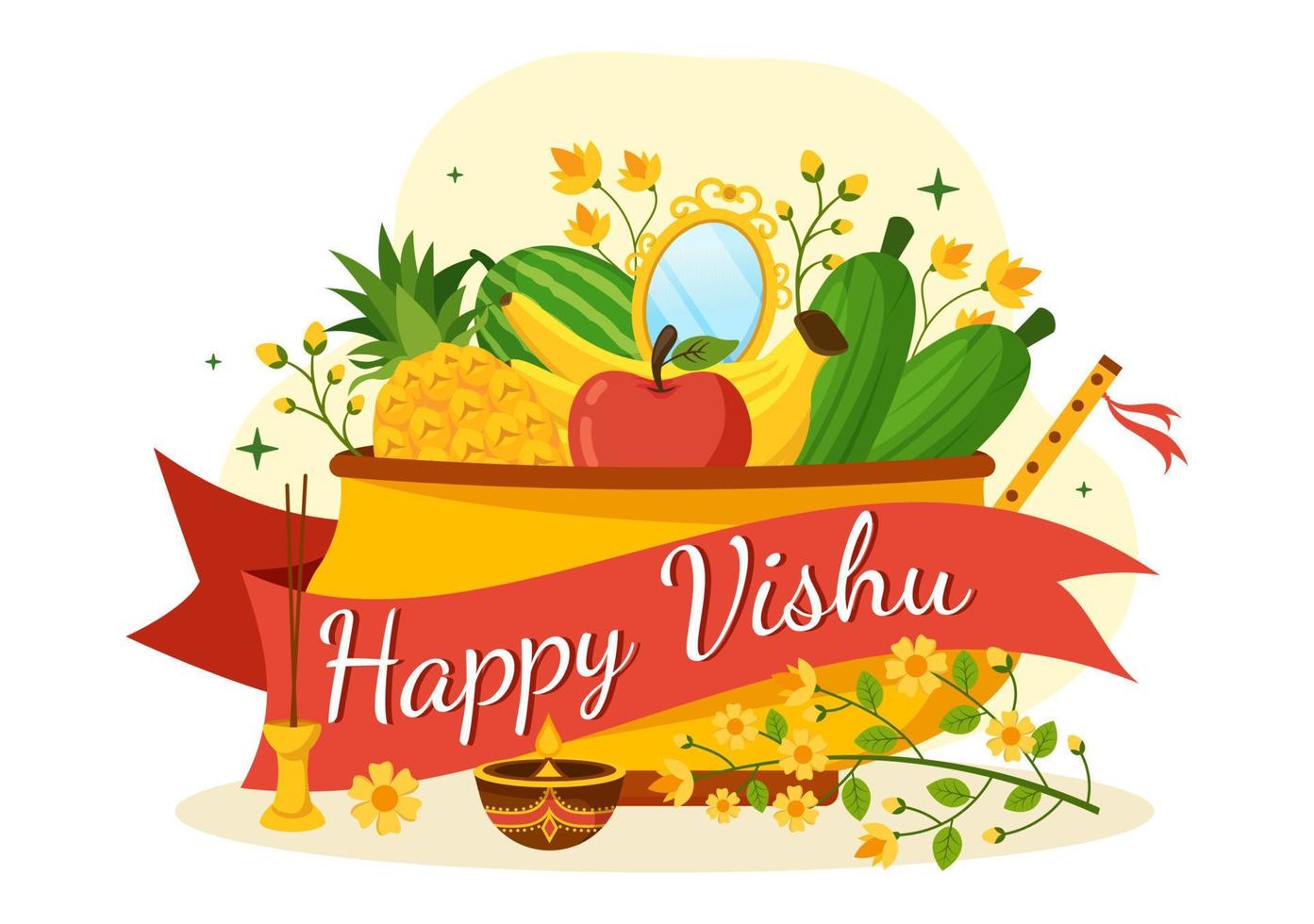 contento vishu festival ilustración con tradicional kerala kani, frutas y vegetales para aterrizaje página en plano dibujos animados mano dibujado plantillas vector