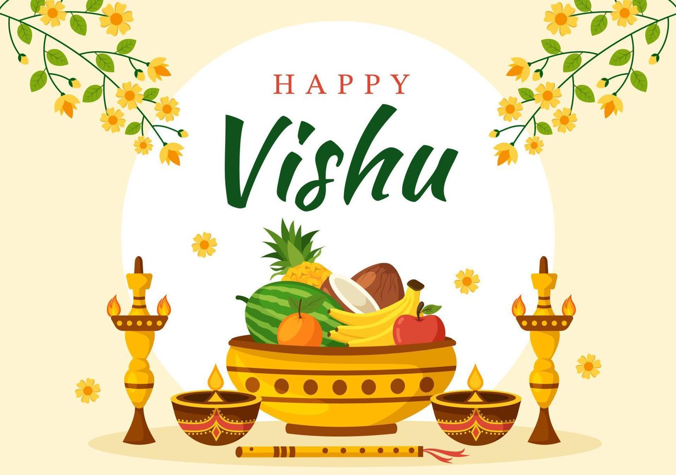 Happy Vishu Festival Illustration with Traditional Kerala Kani, Fruits and Vegetables for Landing Page in Flat Cartoon Hand Drawn Templates vector
