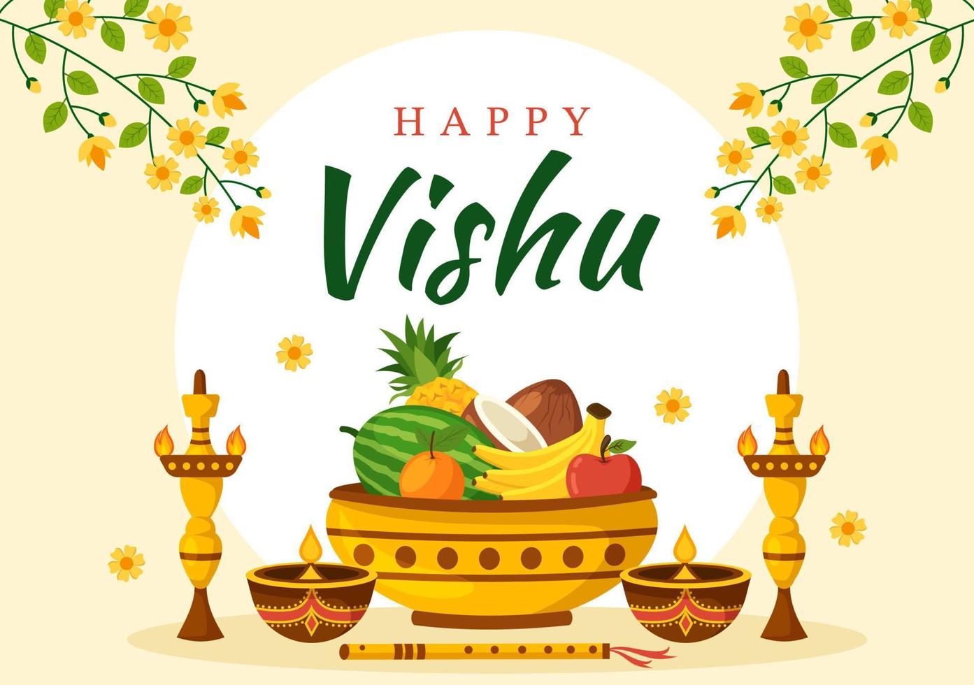 contento vishu festival ilustración con tradicional kerala kani, frutas y vegetales para aterrizaje página en plano dibujos animados mano dibujado plantillas vector