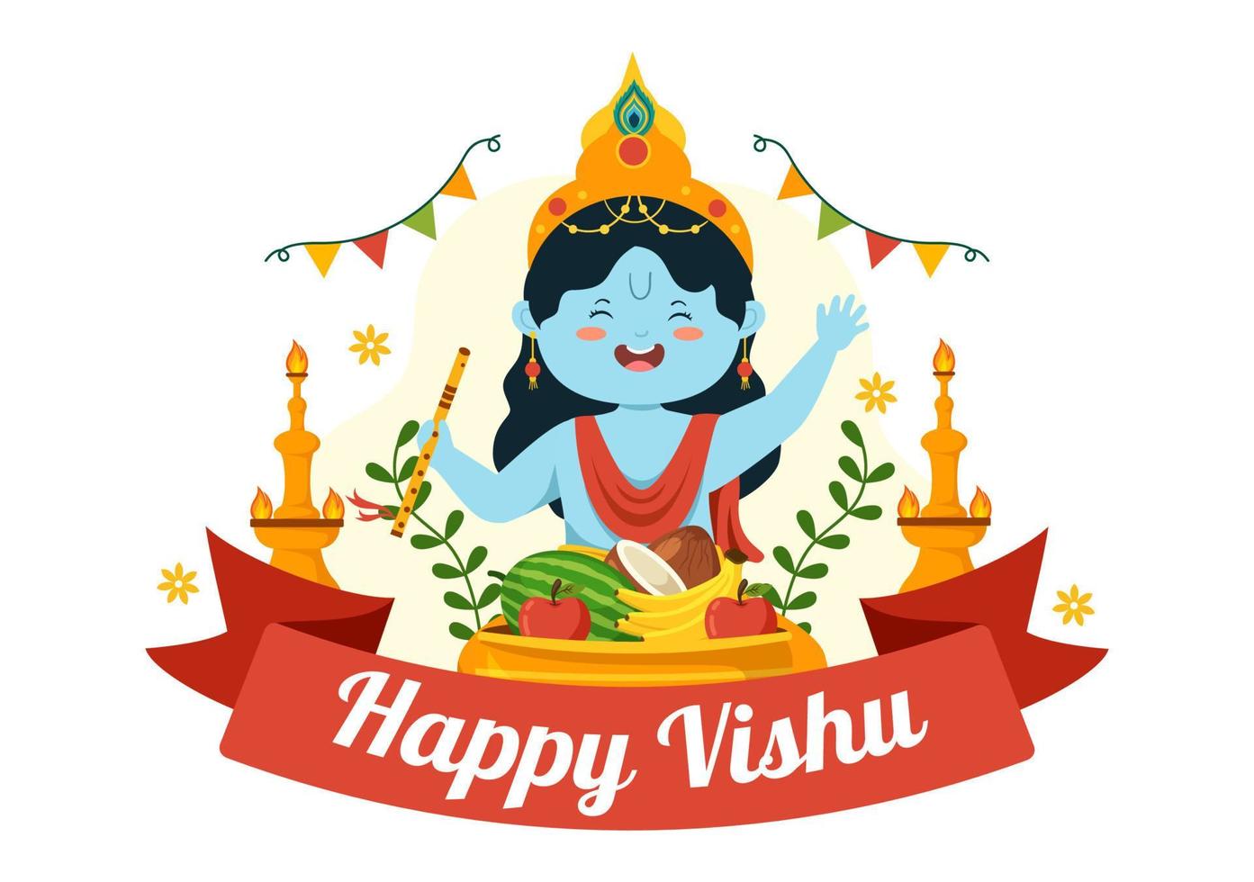 contento vishu festival ilustración con tradicional kerala kani, frutas y vegetales para aterrizaje página en plano dibujos animados mano dibujado plantillas vector