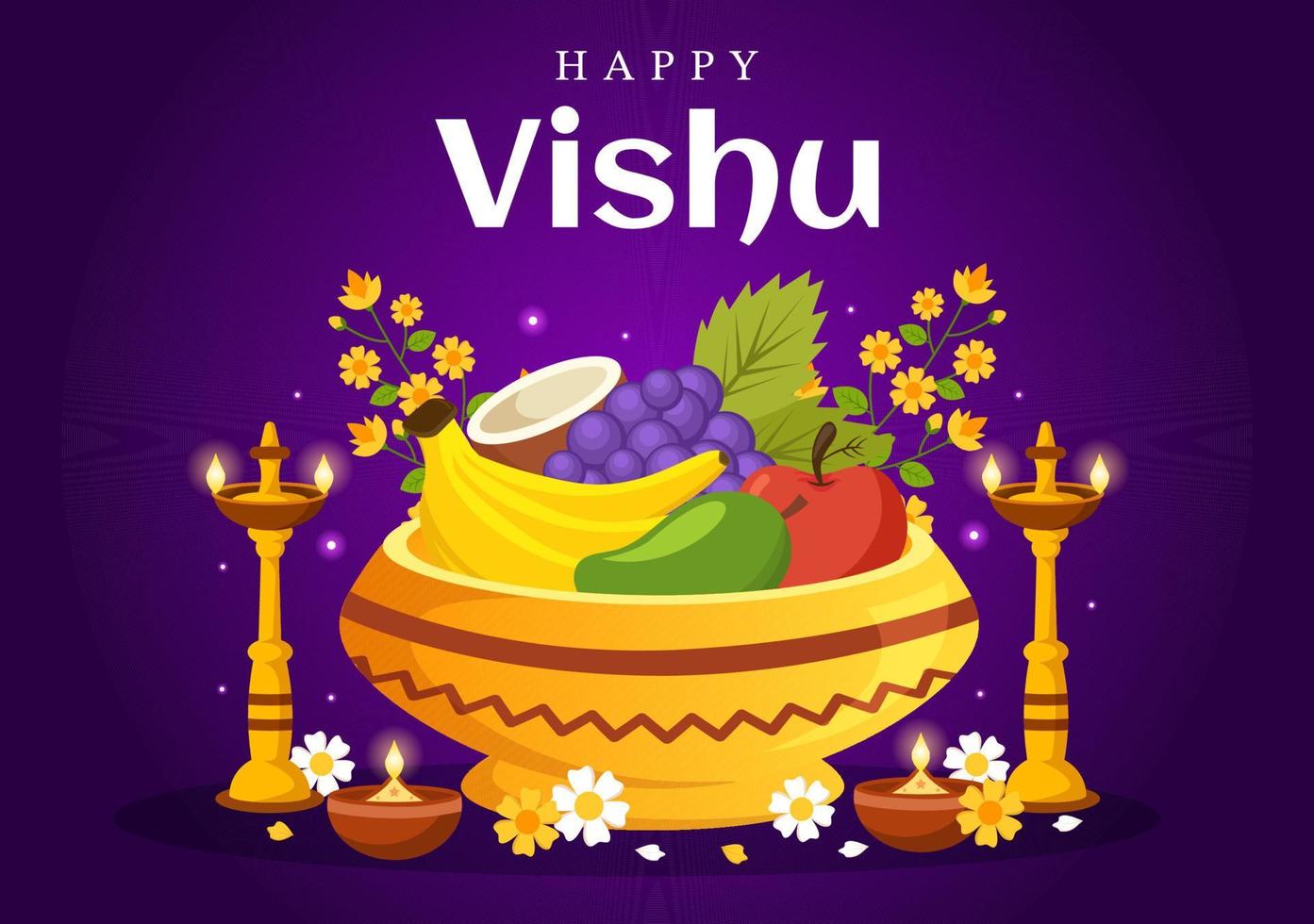 contento vishu festival ilustración con tradicional kerala kani, frutas y vegetales para aterrizaje página en plano dibujos animados mano dibujado plantillas vector