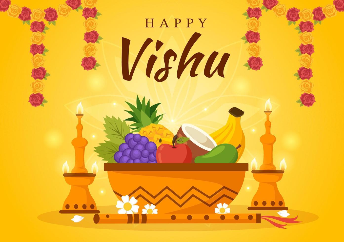 Happy Vishu Festival Illustration with Traditional Kerala Kani, Fruits and Vegetables for Landing Page in Flat Cartoon Hand Drawn Templates vector