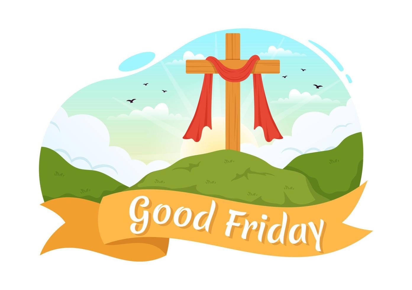 Happy Good Friday Illustration with Christian Holiday of Jesus Christ Crucifixion in Flat Cartoon Hand Drawn for Web Banner or Landing Page Templates vector