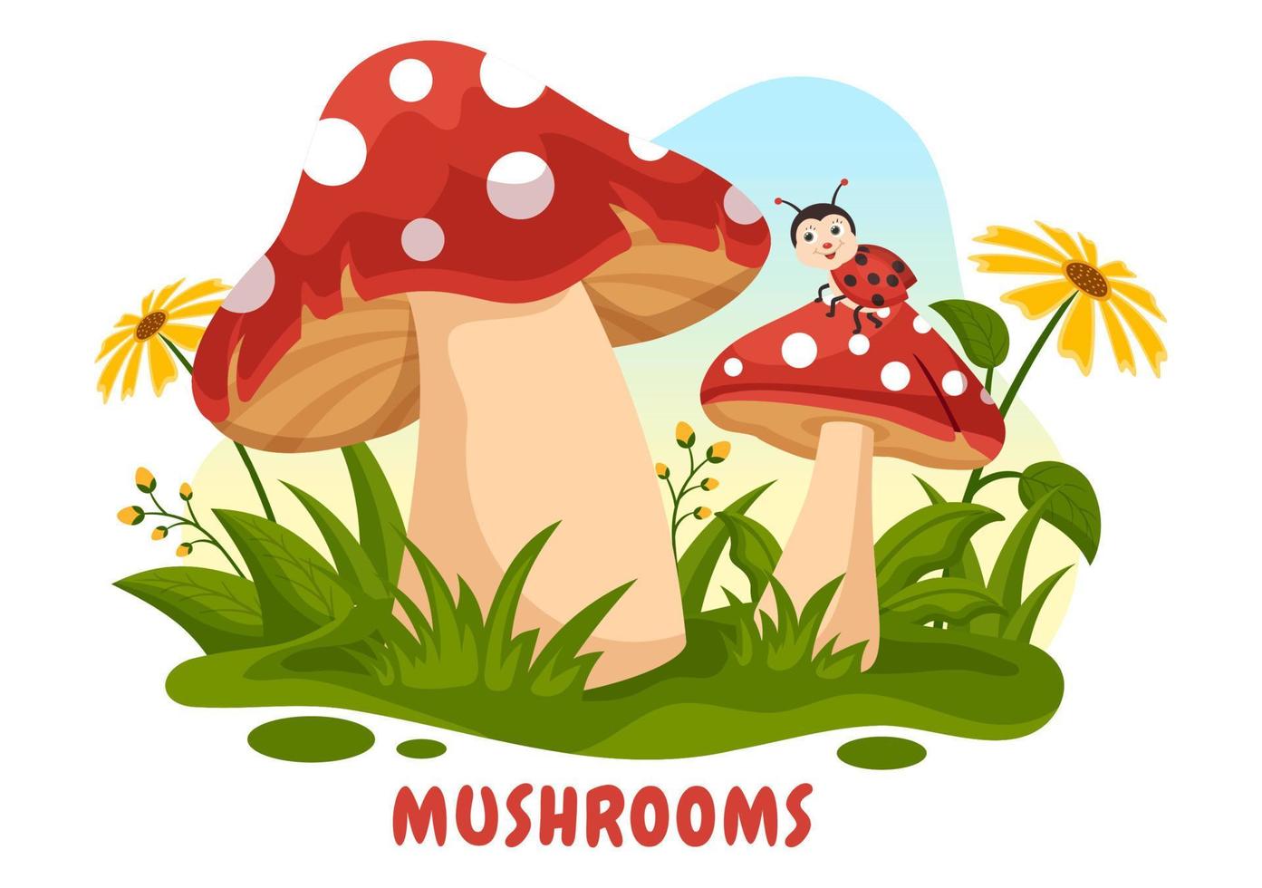Mushrooms Illustration with Different Mushroom, Grass and Insects for Web Banner or Landing Page in Flat Cartoon Hand Drawn Templates vector